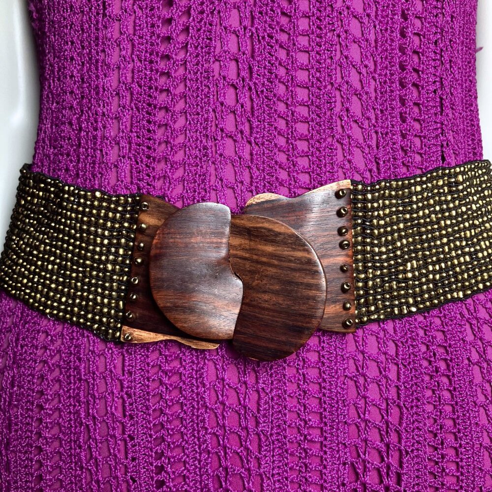 Vintage Bronze Beaded Belt Wooden Buckle Boho Western Festival. Stretch 32” XL - Picture 8 of 15